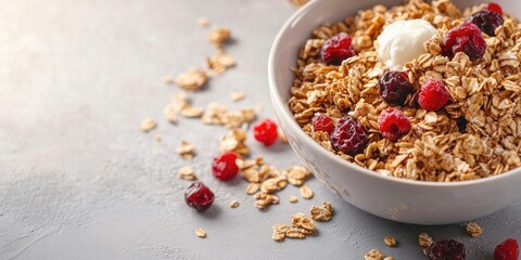 Aufkleber - Granola with Dried Berries on a Light Background, Nutritious Breakfast