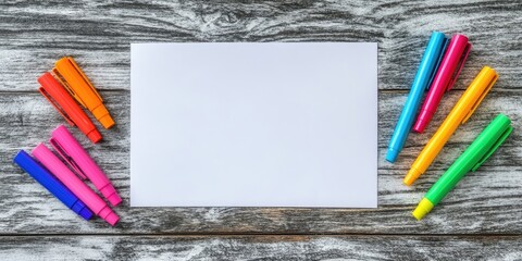 Poster - School supplies. Back to School design elements. Bright markers and a blank white paper sheet on a weathered wooden table background.
