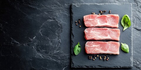Poster - Raw pork meat on a slate board against a stone background.