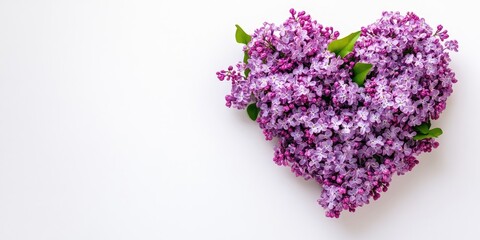 Leinwandbilder - A heart-shaped arrangement of lilac branches and flowers on a white background, top view, flat lay, copy space for Easter, Mother's Day, and Women's Day.