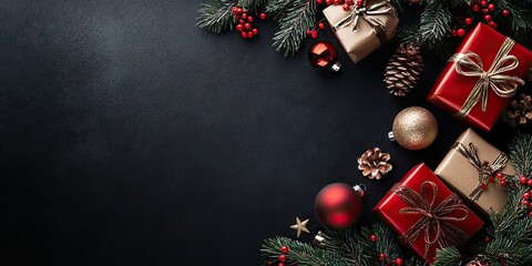 Poster - Christmas gifts, decorations, and ornaments on a black holiday background. Elegant Merry Christmas greeting card, frame. Winter holiday theme. Happy New Year.