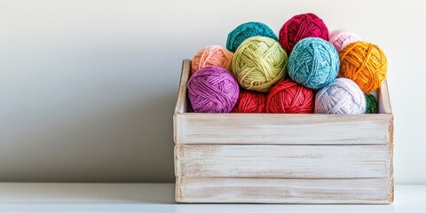 Poster - multicolored decorative yarn balls inside a wooden box on a white surface