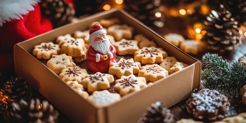 Aufkleber - High angle view of Christmas cookies in a ceramic box with a Santa Claus figure on the table.