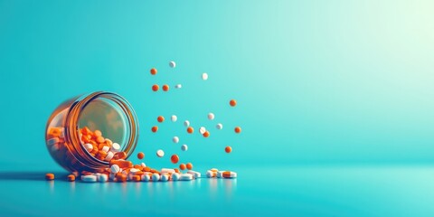 Aufkleber - Minimalist image of an open bottle with pills spilling out against a bright blue background featuring copyspace.