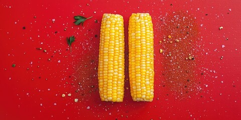 Poster - Yellow sweet corn seasoned with spices on a red backdrop. Minimalist food concept.