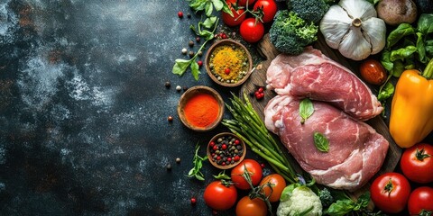 Poster - Raw pork meat, vegetables, and spices in a rustic style. Top view.