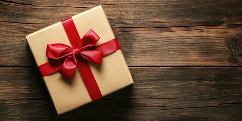 Poster - Gift box made of craft paper with a red bow on a close-up of a brown brushed wooden background.