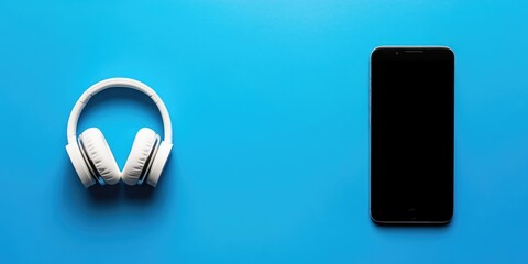 Sticker - Top view of white headphones and a black cell phone on a blue background with copyspace. Flat lay.