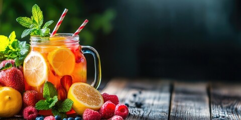 Aufkleber - Fresh fruit and mint natural lemonade on a wooden table.