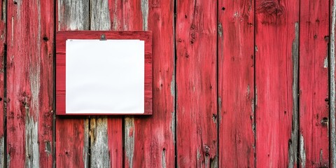 Poster - Old bulletin board featuring a blank white note on a red wooden wall.