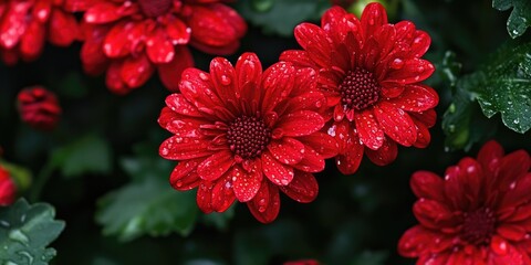Fototapete - Beautiful red chrysanthemum flowers with a natural backdrop. Raindrops present.