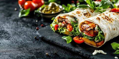 Aufkleber - white classic shawarma or kebab with vegetables, pork, tomatoes, green salad, and cheese on a black board against a dark grunge background, side view, copyspace