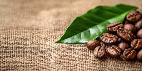 Poster - Antioxidant. Coffee backdrop. Canvas textured background. Macro, close-up, copyspace. Dispersed coffee beans accompanied by a green leaf.