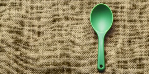 Aufkleber - Green plastic ladle on a brown Hessian sackcloth woven texture background, copyspace for your text.