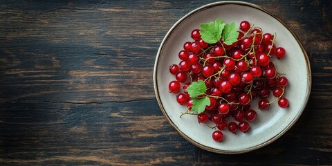 Poster - Fresh red currants on a plate set on a dark wooden table.