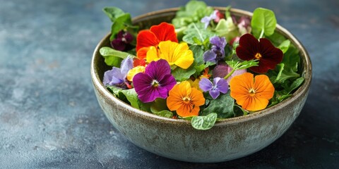 Canvas Print - Fresh summer salad featuring edible flowers such as nasturtium and borage flowers in a bowl. Copyspace.