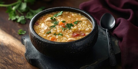 Poster - Puerto Rican Chicken Rice Soup in a black stoneware bowl on a dark wooden table, accompanied by a black metal spoon and a maroon cloth napkin.