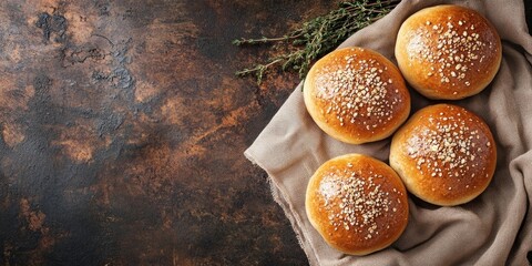 Poster - milk bun whole grain dough buns freshly baked goods Cooking appetizer meal food snack on the table copyspace food background rustic top view