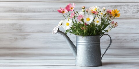 Aufkleber - flowers in a watering can on the white wooden surface.