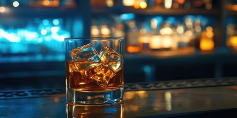 Poster - A glass of whiskey with ice. Background featuring copy space. A glass of liquor on the bar countertop.