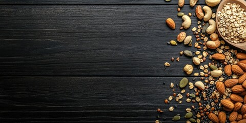 Poster - nuts and cereal seeds on a black wooden table background