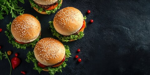 Poster - Tasty fresh sushi burgers on a dark background for a food delivery site. Copy space