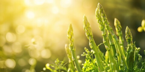 Poster - Sprigs of fresh asparagus against a sunny backdrop. Idea of healthy green vegetables.