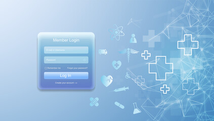 Poster - Medical Login Interface with Healthcare Icons and Technology Theme  with Network Connection and Blue Background