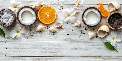 Poster - Beautiful spa arrangement featuring coconut, coffee scrub, flowers, sea shells, and orange peel on an antique white wooden surface. Natural organic body care and spa products. Copy space, flat lay.
