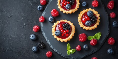 Poster - Slate plate featuring delicious tartlets and berries on a table, top view.