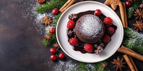 Poster - Christmas cake - molten lava cupcake dessert or dark chocolate souffle accompanied by gingerbread, berries, cinnamon sticks, and anise on a white plate with copy space.