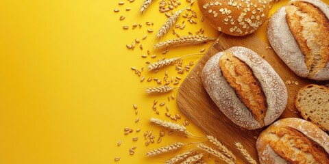 Poster - Wooden board featuring loaves of fresh bread, wheat spikelets, and grains on a yellow backdrop.
