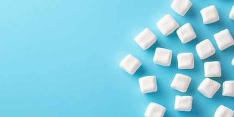 Poster - Marshmallows against a blue background with copyspace. Flat lay or top view.