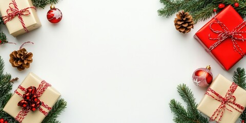 Poster - Christmas arrangement featuring gifts, pine branches, and toys on a white background. Flat lay, top view, copyspace.