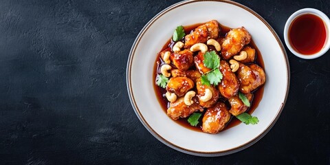 Aufkleber - Chinese cuisine featuring fried chicken stir-fried with cashew nuts in a sweet sauce, accompanied by a side dish sauce, catering.