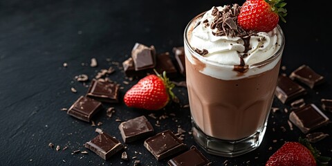 Poster - Chocolate drink topped with whipped cream, a strawberry, and pieces of dark chocolate on a black background. Copy space.