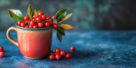 Poster - Honeysuckle berries in a cup on a table with copyspace.