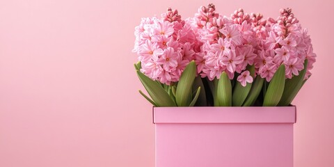 Poster - Pink box filled with spring hyacinth flowers. The trend of boxed flowers. Copy space.