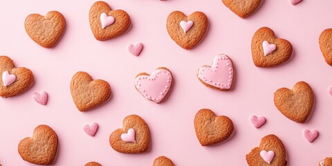Poster - Lovely romantic arrangement. St. Valentine's Day backdrop featuring ginger homemade cookies. Flat lay, top view with copyspace.