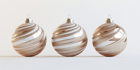 Poster - Three gold-streaked Christmas ornaments featuring twisted stripes and a glittery texture on a white background, complete with shadows and copyspace for your holiday greetings.