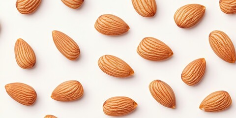 Poster - Almonds arranged in a flat lay pattern with circular copy space for text. Whole and peeled almond nuts. Top view. Suitable for wrapping paper, posters, greeting cards, covers, and sale backgrounds.