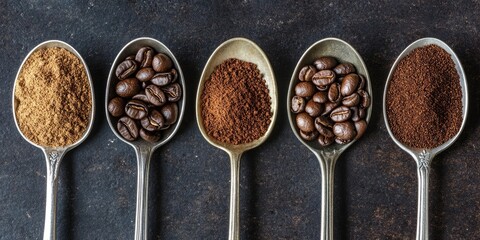 Poster - various coffee textures in vintage spoons. coffee beans, instant coffee, and ground coffee in spoons