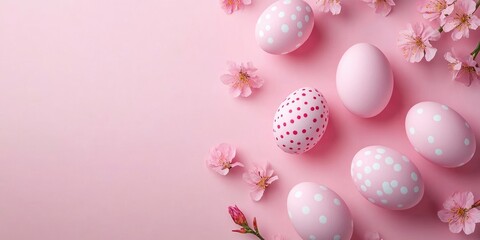 Aufkleber - Pink Easter eggs decorated on a colored background, top view.