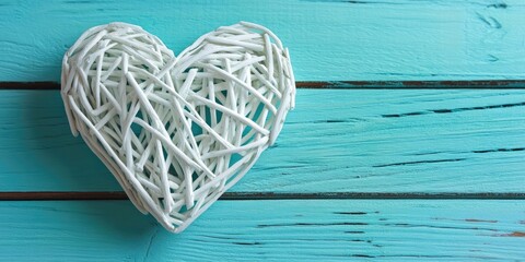 Fototapete - White decorative heart on a turquoise wooden background. Selective focus. Space for text. Square image.