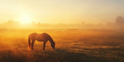 Aufkleber - A horse grazing in a field during sunrise. Copyspace available for text.