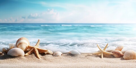 Aufkleber - Summer image of shells on the beach with available space for your decoration.