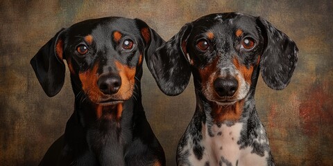 Poster - Dogs, two piebald-colored dachshunds, dog portrait.