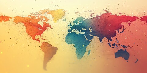 Poster - Artistic world map with vibrant color gradients and interconnected lines, suggesting global connectivity.