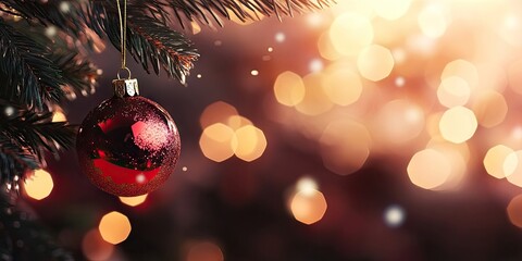 Aufkleber - Christmas ball hanging on a Christmas tree branch with a blurred shiny background. Space for text.