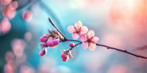 Aufkleber - Pink flowers on a tree branch, with a blurred background featuring a blue sky, representing a spring theme.